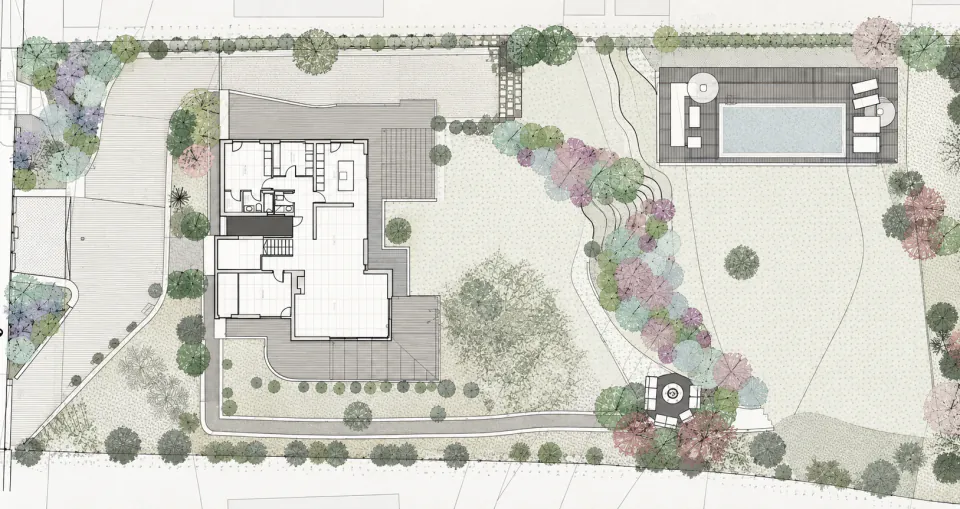 Landscape plan of the sloping garden with the pool, terraces and planted slopes